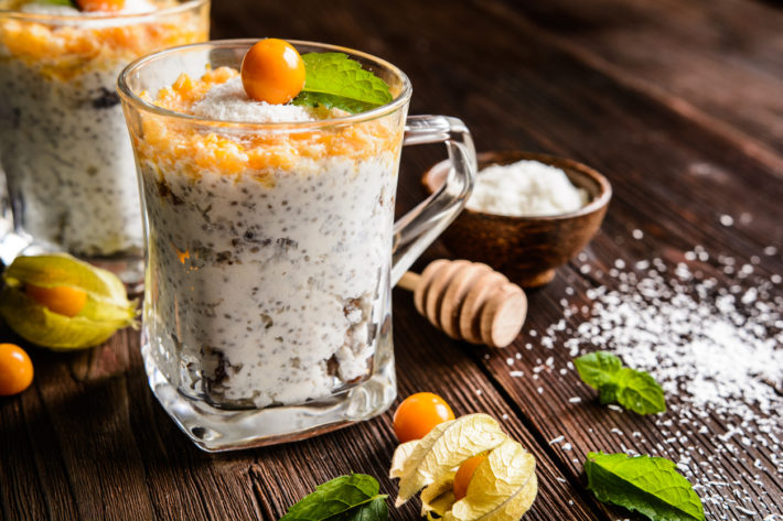 Yogurt with chia, coconut, honey and physalis puree